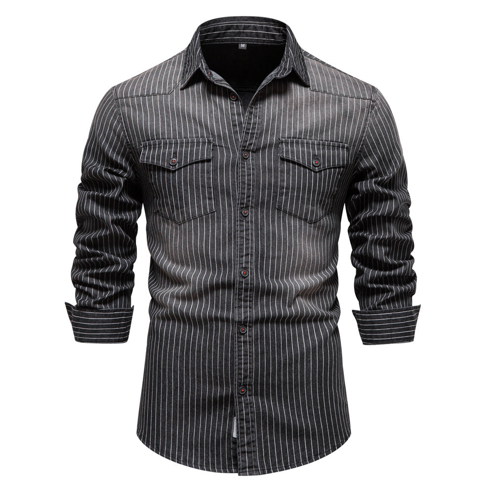 Chemises décontractées à manches longues en denim à rayures pour hommes | 6015