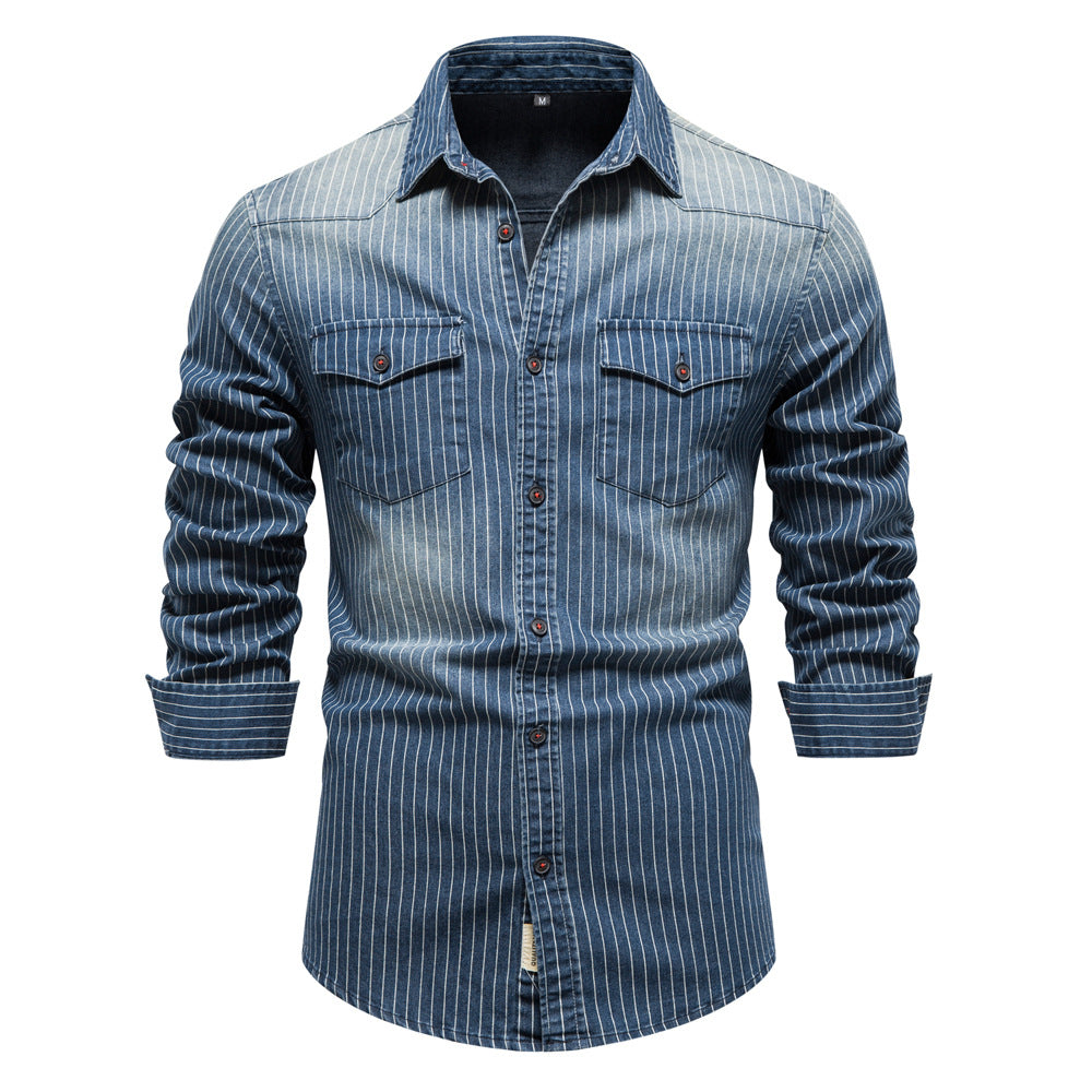 Chemises décontractées à manches longues en denim à rayures pour hommes | 6015