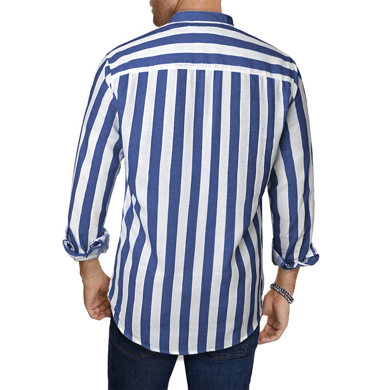 Camicie da spiaggia casual a righe in cotone e lino con bottoni a maniche lunghe da uomo | MC255371-7019