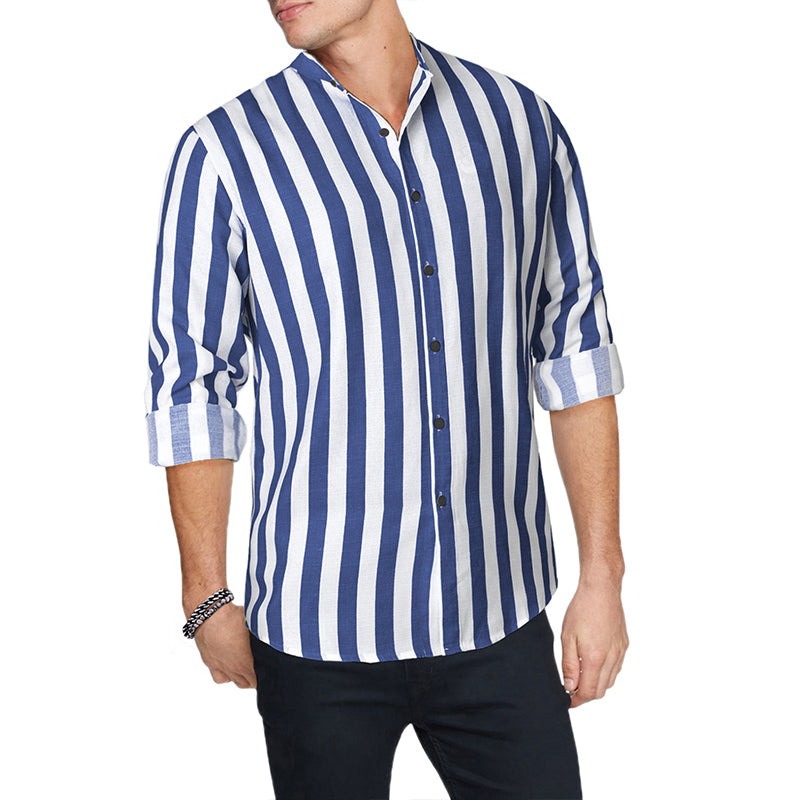 Camicie da spiaggia casual a righe in cotone e lino con bottoni a maniche lunghe da uomo | MC255371-7019