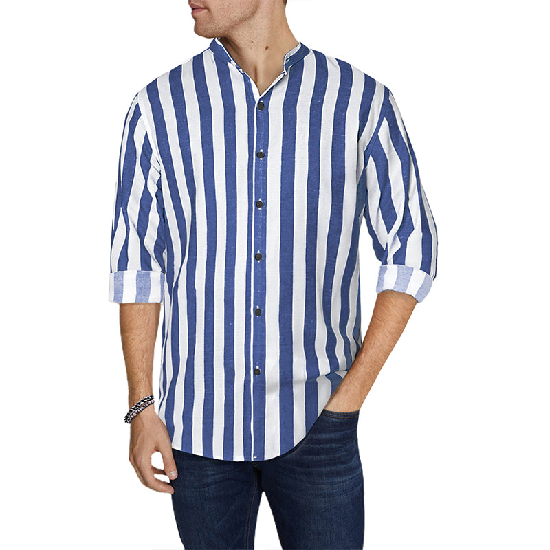 Camicie da spiaggia casual a righe in cotone e lino con bottoni a maniche lunghe da uomo | MC255371-7019