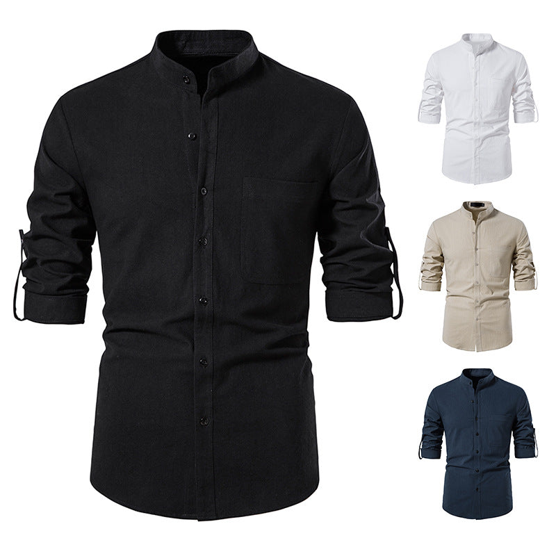 Mens Cotton Linen Shirts Casual Long Sleeve Button Up Shirts Fashion Business Tops with Pocket | A276