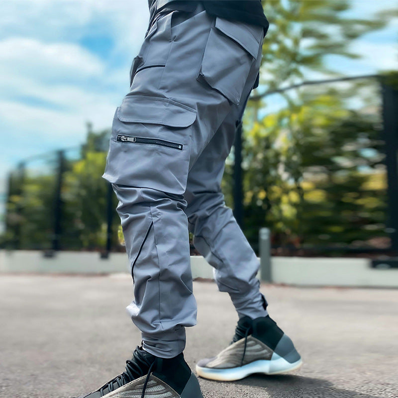 Pantalon cargo tendance à poches multiples pour homme gris Pantalon de jogging technique réfléchissant | W302