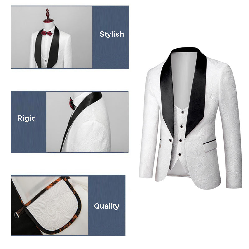 Abito da uomo in 3 pezzi con motivo floreale in rilievo, vestibilità slim fit, smoking jacquard con un bottone, blazer con revers a scialle Paisley | 1931