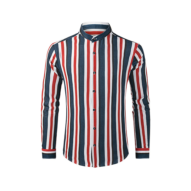 Mens Casual Cotton Striped Long Sleeve Linen Feel Shirts Band Collar Button Down Shirt | +MC255371-4019