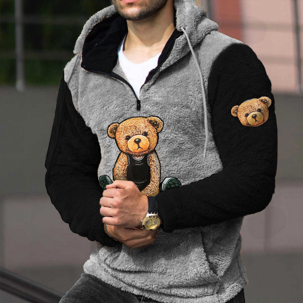 Sweat à capuche chaud en laine d'agneau pour homme avec motif ours en peluche | PPM5