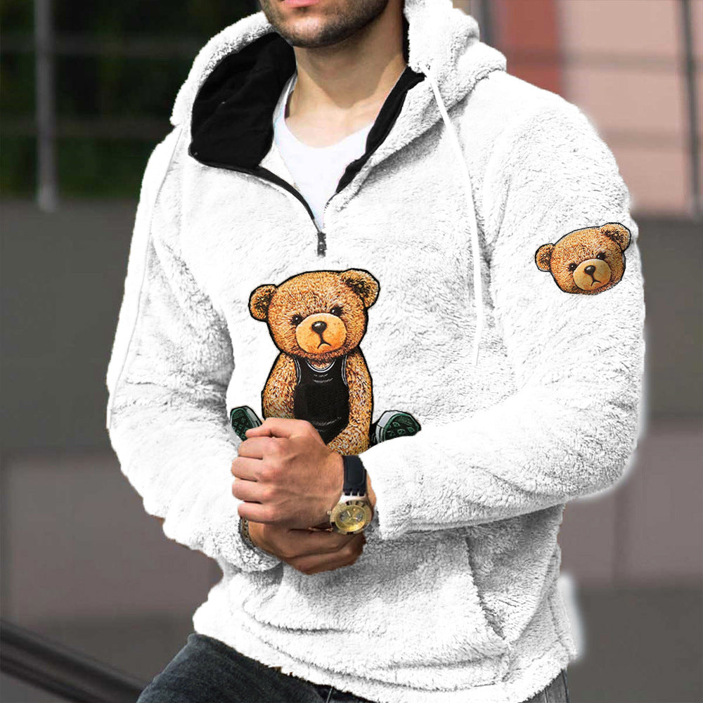Sweat à capuche chaud en laine d'agneau pour homme avec motif ours en peluche | PPM5