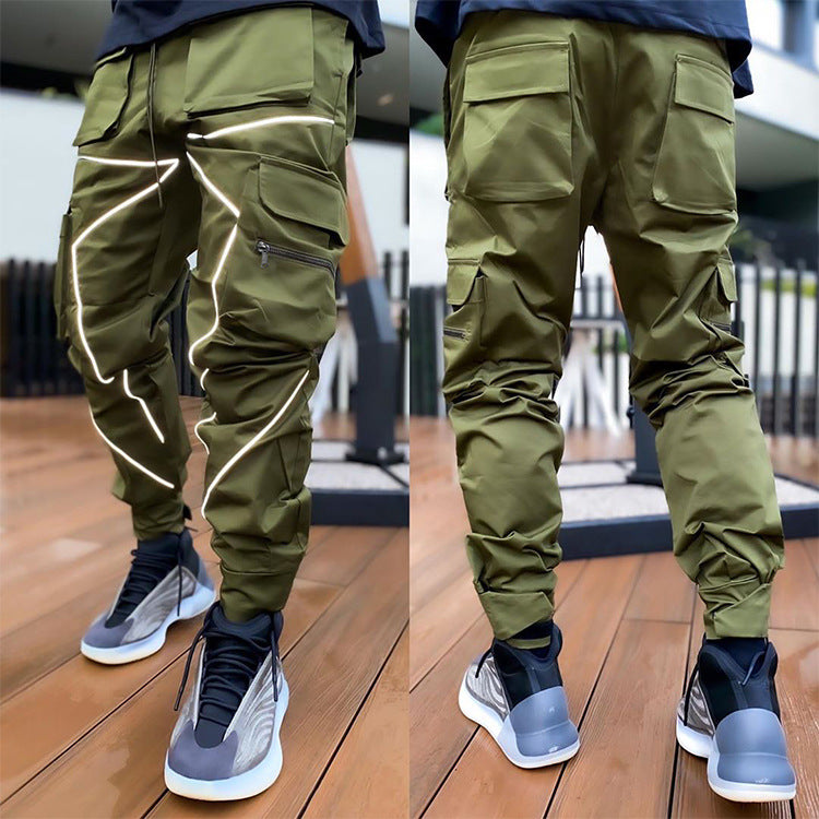 Pantaloni cargo da jogging da palestra con strisce riflettenti alla moda da uomo, vestibilità attillata, con fascia alla caviglia | W302