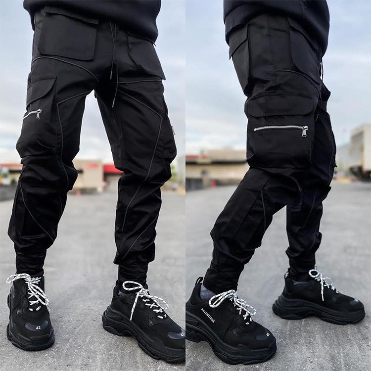 Pantaloni cargo da jogging da palestra con strisce riflettenti alla moda da uomo, vestibilità attillata, con fascia alla caviglia | W302