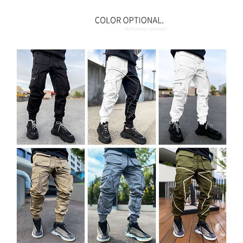 Pantalon cargo tendance à poches multiples pour homme gris Pantalon de jogging technique réfléchissant | W302