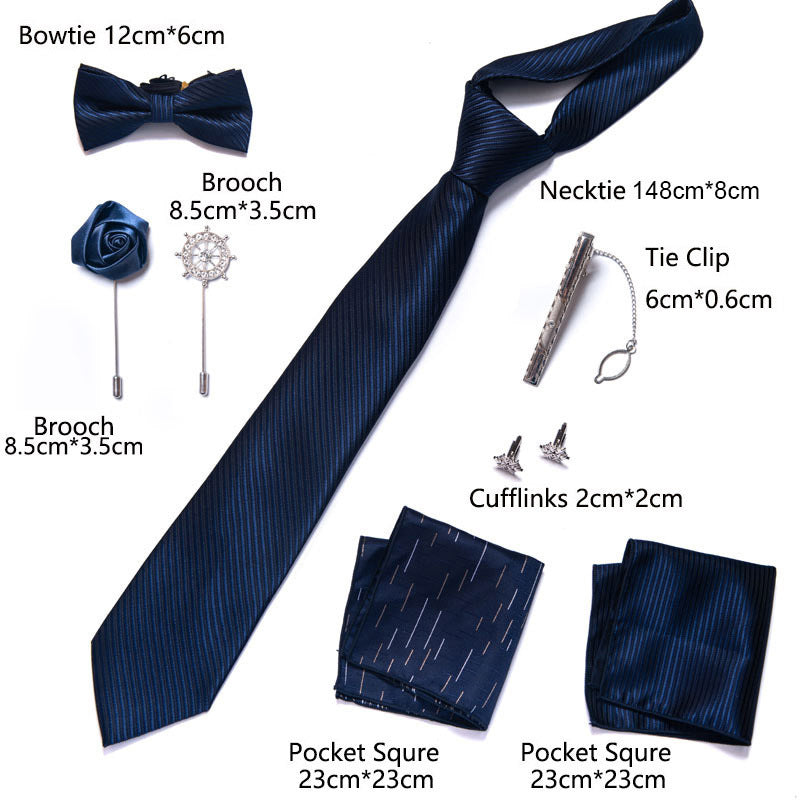 Cravate rayée unie bleu marine, pochette, boutons de manchette, broche pour hommes, fête de mariage | LB202