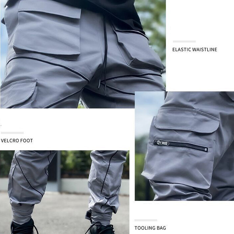 Pantalon cargo tendance à poches multiples pour homme gris Pantalon de jogging technique réfléchissant | W302