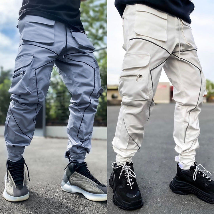Pantaloni cargo da jogging da palestra con strisce riflettenti alla moda da uomo, vestibilità attillata, con fascia alla caviglia | W302