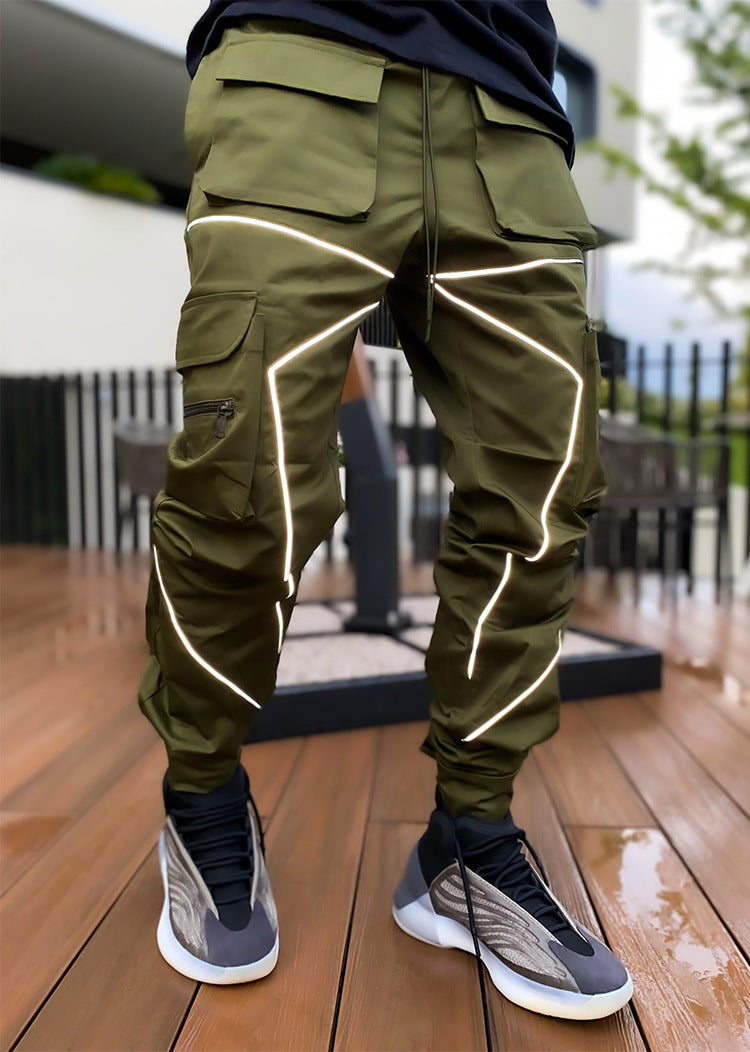Pantaloni cargo da jogging da palestra con strisce riflettenti alla moda da uomo, vestibilità attillata, con fascia alla caviglia | W302