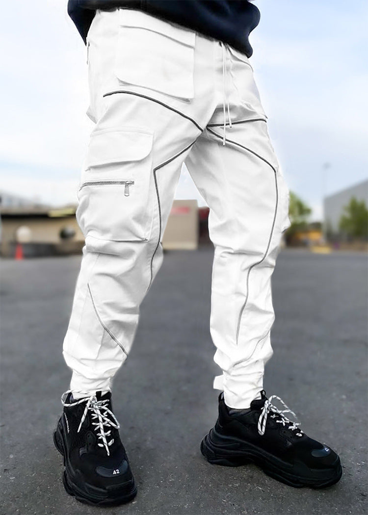 Pantaloni cargo da jogging da palestra con strisce riflettenti alla moda da uomo, vestibilità attillata, con fascia alla caviglia | W302