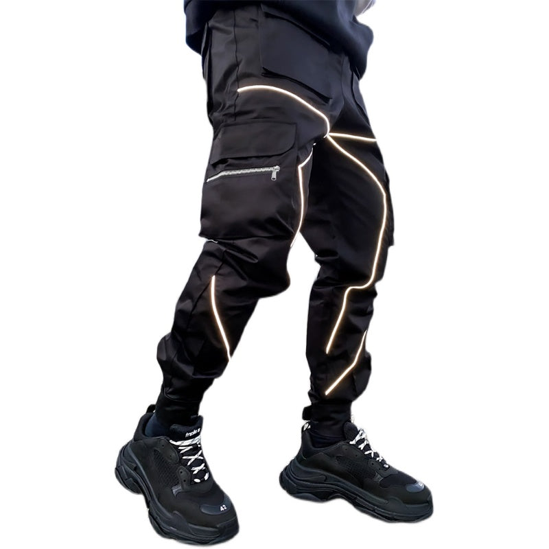 Pantaloni cargo da jogging da palestra con strisce riflettenti alla moda da uomo, vestibilità attillata, con fascia alla caviglia | W302