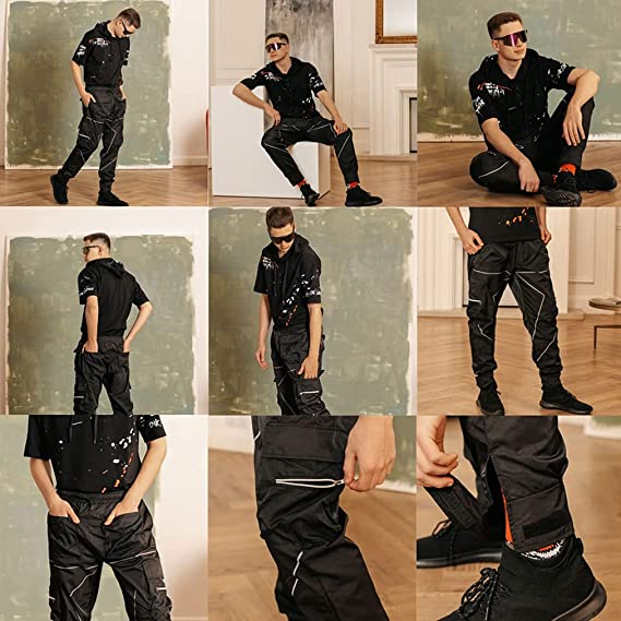 Pantaloni cargo da jogging da palestra con strisce riflettenti alla moda da uomo, vestibilità attillata, con fascia alla caviglia | W302