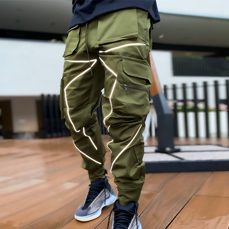 Pantaloni cargo da jogging da palestra con strisce riflettenti alla moda da uomo, vestibilità attillata, con fascia alla caviglia | W302