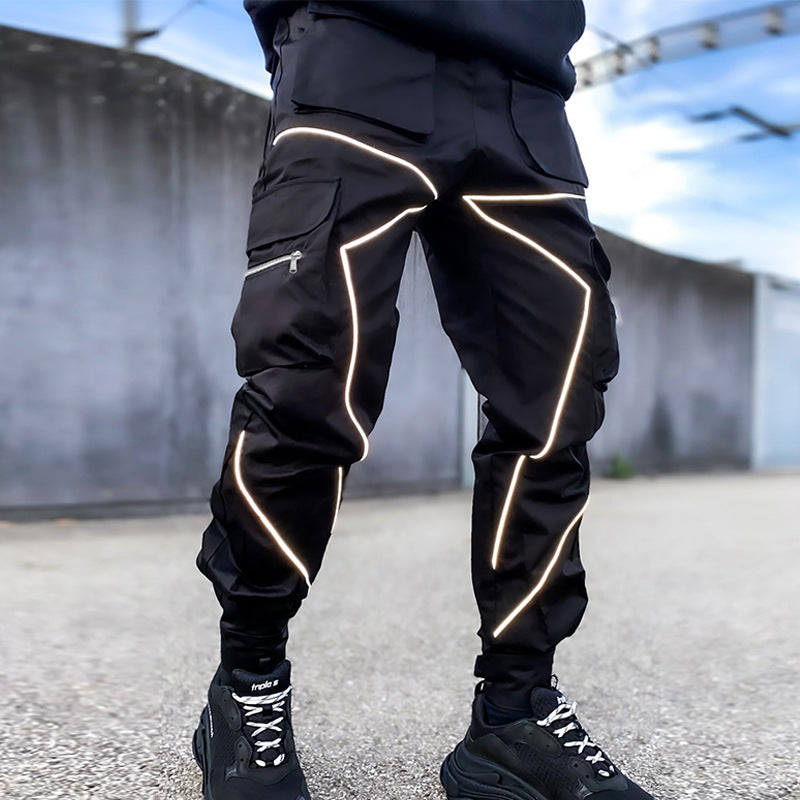 Pantaloni cargo da jogging da palestra con strisce riflettenti alla moda da uomo, vestibilità attillata, con fascia alla caviglia | W302