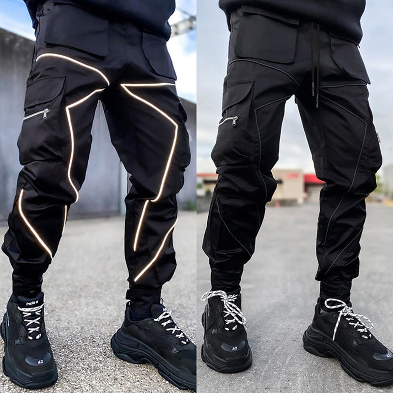 Pantaloni cargo da jogging da palestra con strisce riflettenti alla moda da uomo, vestibilità attillata, con fascia alla caviglia | W302