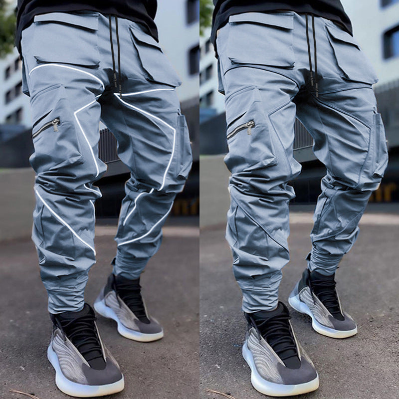 Pantaloni cargo da jogging da palestra con strisce riflettenti alla moda da uomo, vestibilità attillata, con fascia alla caviglia | W302
