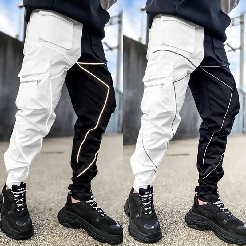 Pantaloni cargo da jogging da palestra con strisce riflettenti alla moda da uomo, vestibilità attillata, con fascia alla caviglia | W302