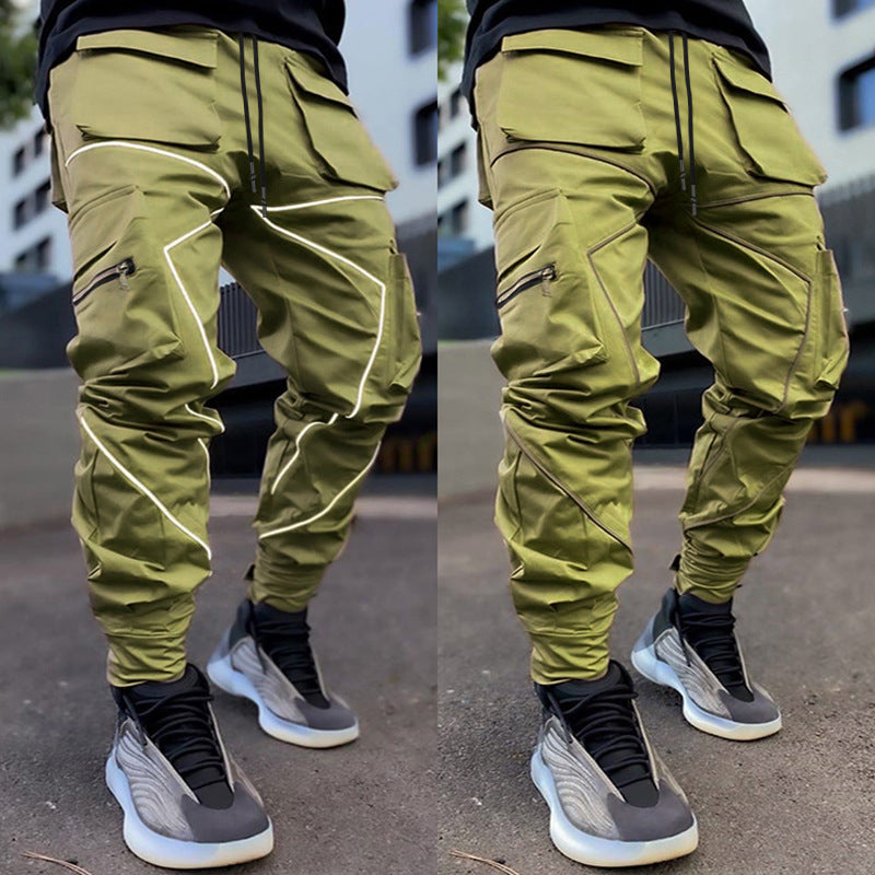 Pantaloni cargo da jogging da palestra con strisce riflettenti alla moda da uomo, vestibilità attillata, con fascia alla caviglia | W302