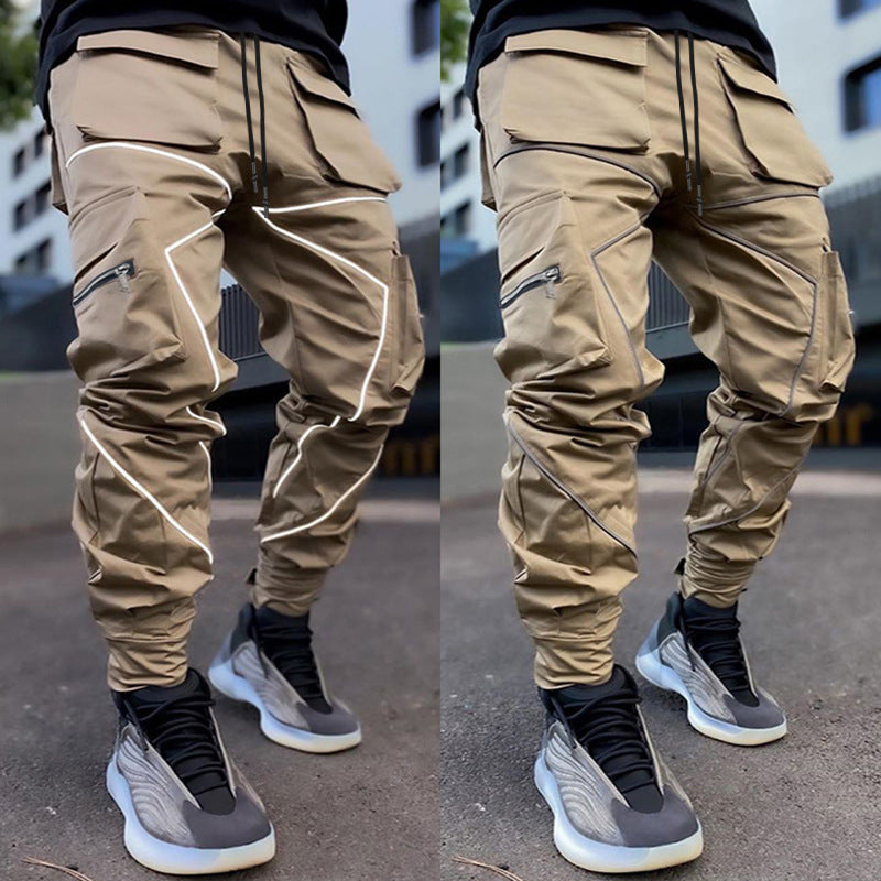 Pantaloni cargo da jogging da palestra con strisce riflettenti alla moda da uomo, vestibilità attillata, con fascia alla caviglia | W302