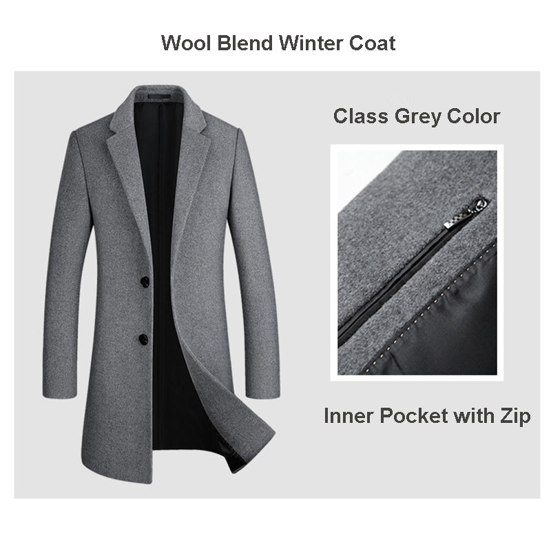 Cappotto lungo da uomo in lana di prima qualità, vestibilità slim, trench | xz5903