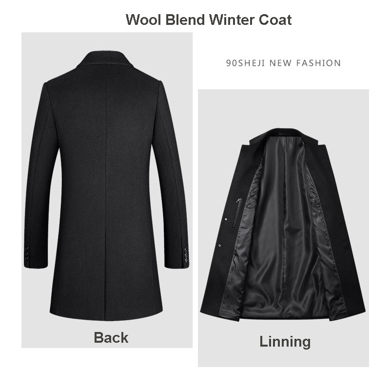 Cappotto lungo da uomo in lana di prima qualità, vestibilità slim, trench | xz5903