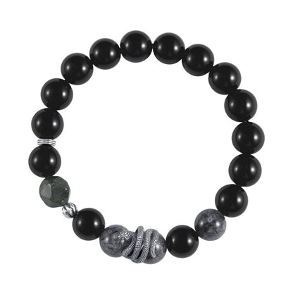Black Mamba Serpent’s Essence Obsidian Crystal & Silver Snake Bracelet for Men | VB24731-1BBYS