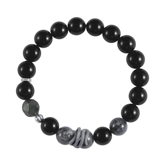 Black Mamba Serpent’s Essence Obsidian Crystal & Silver Snake Bracelet for Men | VB24731-1BBYS