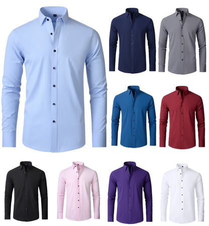 Chemise extensible à manches longues pour homme, couleur unie, coupe slim, sans repassage, style business décontracté 