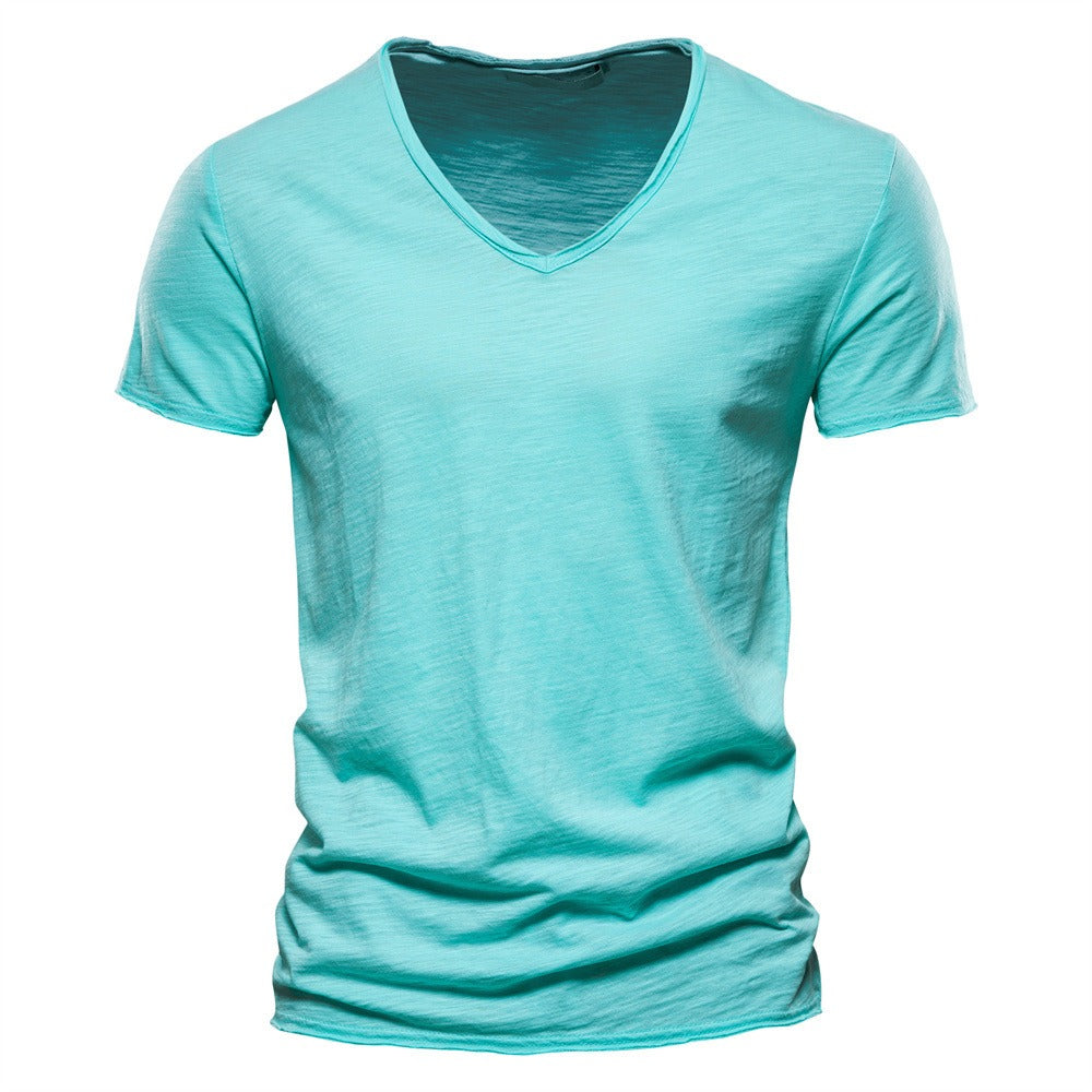 Men’s Deep V-Neck T-Shirt 100% Cotton Plain V-Collar Tee High-Quality Basic T-Shirt | F037