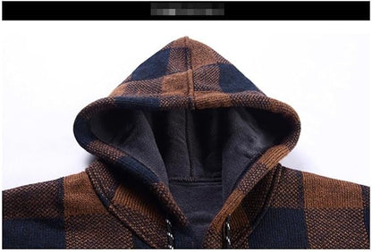 Cappotto invernale casual da uomo con cappuccio in maglia, maglione scozzese, cardigan con cerniera completa 