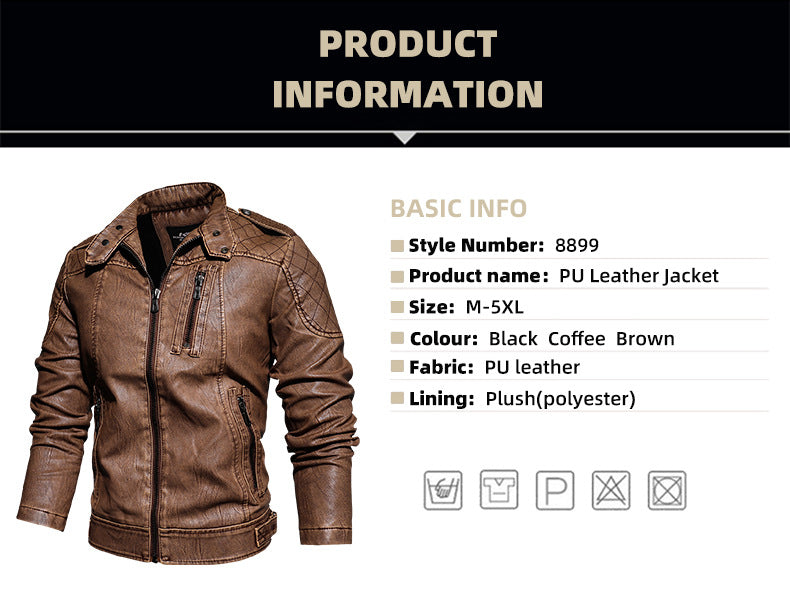 Leather Jacket Men's Standing Collar Washed PU Leather Jacket Nostalgia | 8899