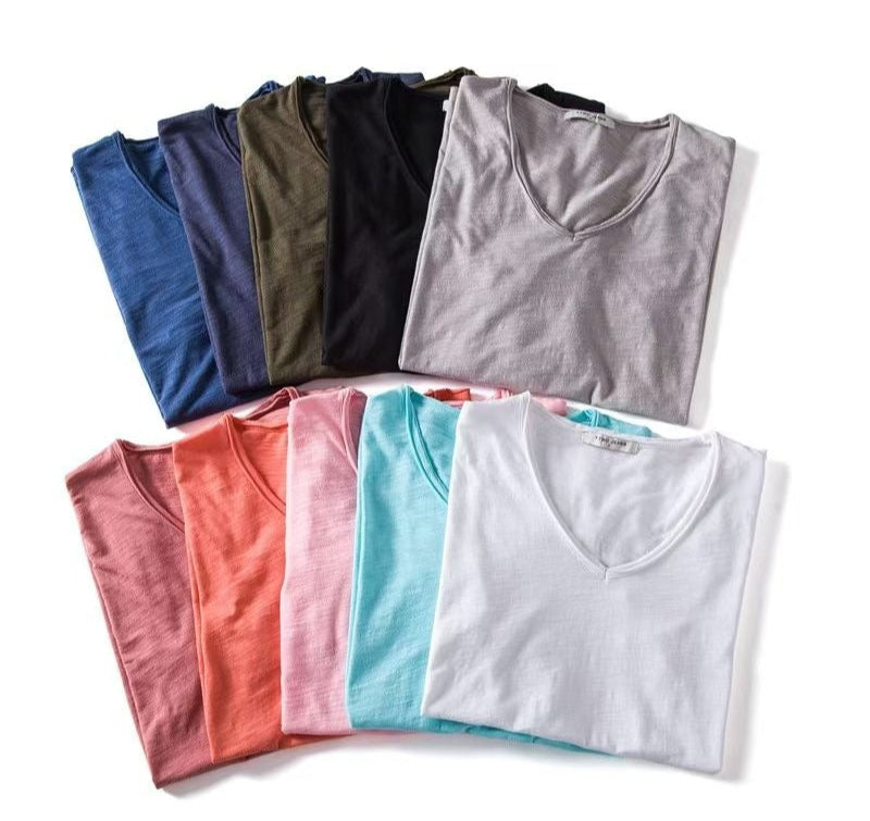 Men’s Deep V-Neck T-Shirt 100% Cotton Plain V-Collar Tee High-Quality Basic T-Shirt | F037