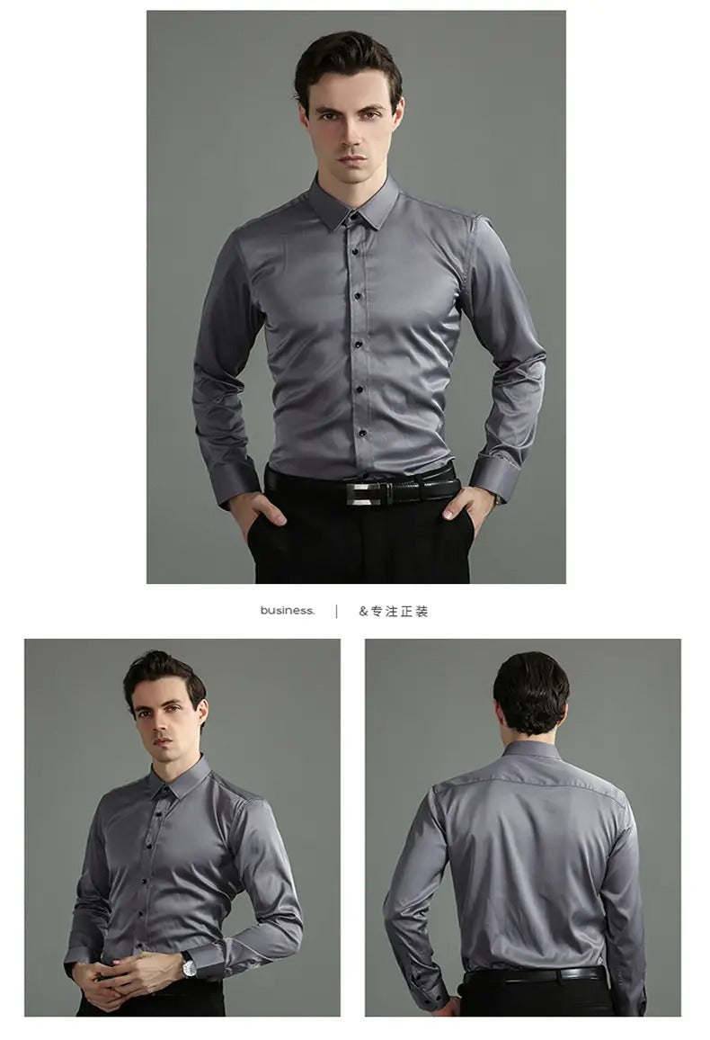 Chemise extensible à manches longues pour homme, couleur unie, coupe slim, sans repassage, style business décontracté 