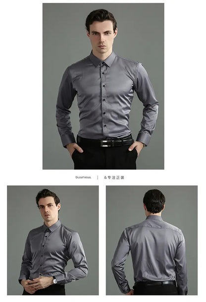 Chemise extensible à manches longues pour homme, couleur unie, coupe slim, sans repassage, style business décontracté 