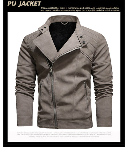 Men's PU Leather Jacket Padded Lapel Oblique Lapel Zipper Korean Stand-up Collar Jacket Blazer | KH-138