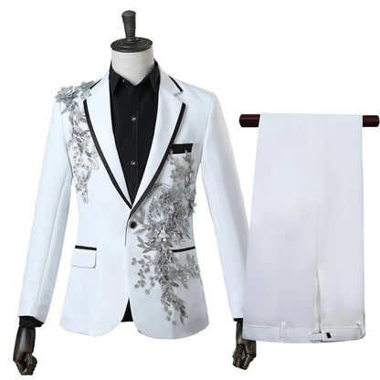 Mens 2 Piece Formal Embroidered Smart Fit Suit Flashing Sequins Crystal Blazers Coat Prom Party Tuxedo Costume Wedding Outfit