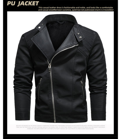 Men's PU Leather Jacket Padded Lapel Oblique Lapel Zipper Korean Stand-up Collar Jacket Blazer | KH-138