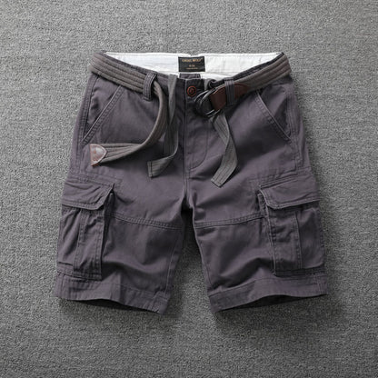 Men's Summer Loose Straight Belt Outdoor Solid Cotton Multi Pocket Shorts | 170