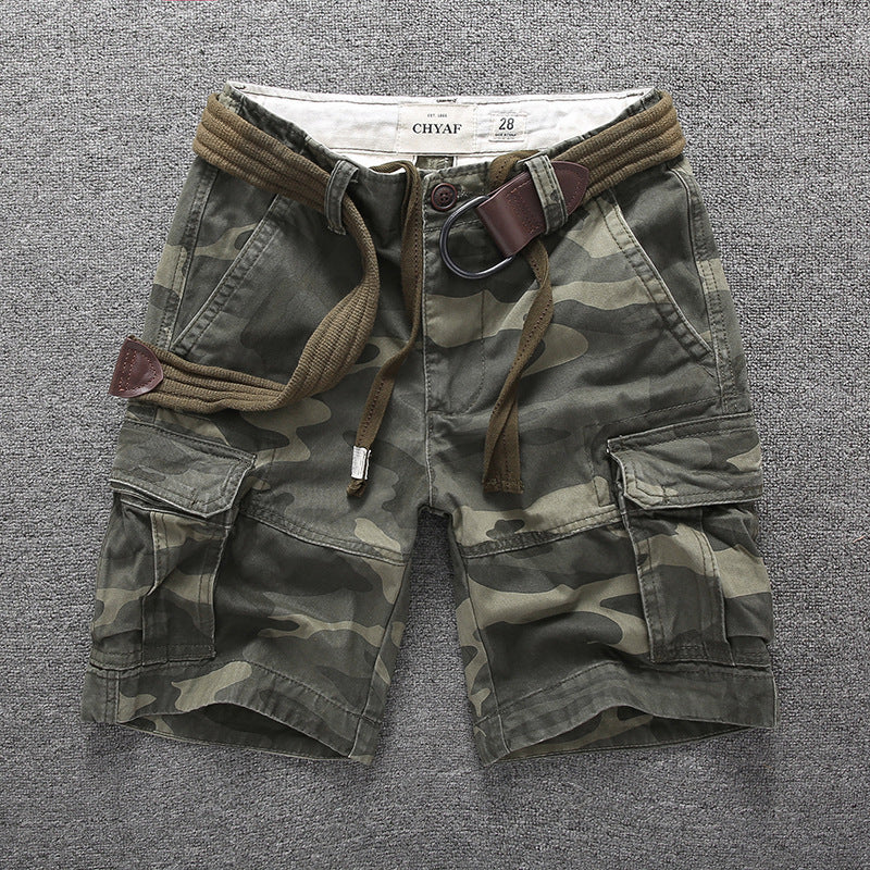 Men's Summer Loose Straight Belt Outdoor Solid Cotton Multi Pocket Shorts | 170