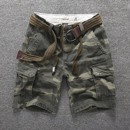 Men's Summer Loose Straight Belt Outdoor Solid Cotton Multi Pocket Shorts | 170