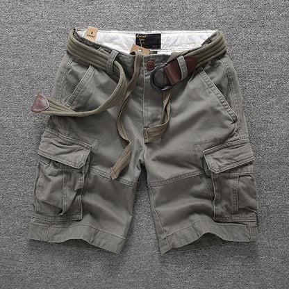 Men's Summer Loose Straight Belt Outdoor Solid Cotton Multi Pocket Shorts | 170