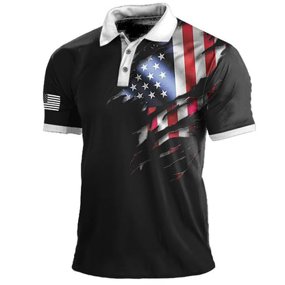 Polo à imprimé drapeau américain pour homme, t-shirt de sport à manches courtes et revers pour l'extérieur | 112 