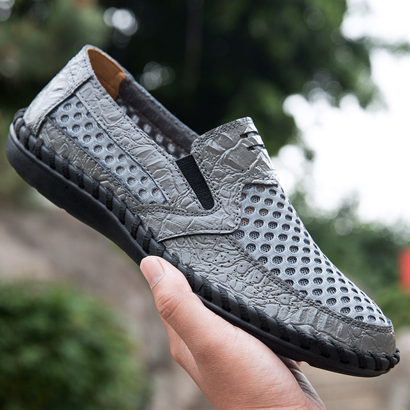 Men's Lightweight Loafers Cowhide Retro Hand-Sewn Slip-On Driving Shoes with Soft Mesh Sole for Outdoor Travel | HB3399