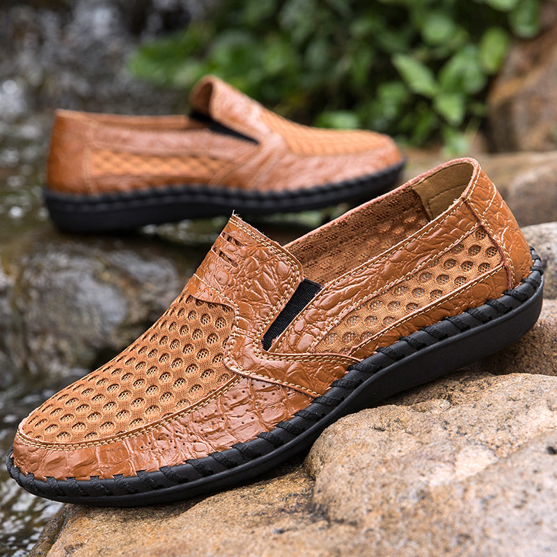 Men's Lightweight Loafers Cowhide Retro Hand-Sewn Slip-On Driving Shoes with Soft Mesh Sole for Outdoor Travel | HB3399