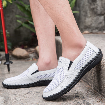 Men's Lightweight Loafers Cowhide Retro Hand-Sewn Slip-On Driving Shoes with Soft Mesh Sole for Outdoor Travel | HB3399